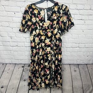 Torrid Sz 00 Black Yellow Pink Floral Faux Wrap Challis Midi Dress‎ Short Sleeve